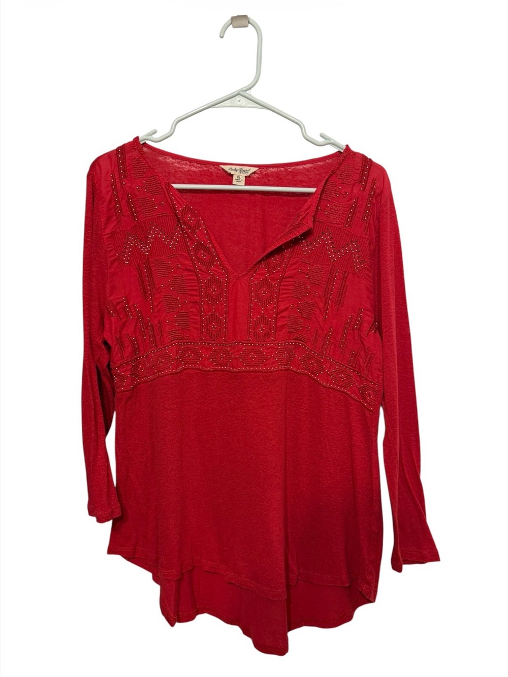 Lucky Brand Red Beaded V-Neck Tunic